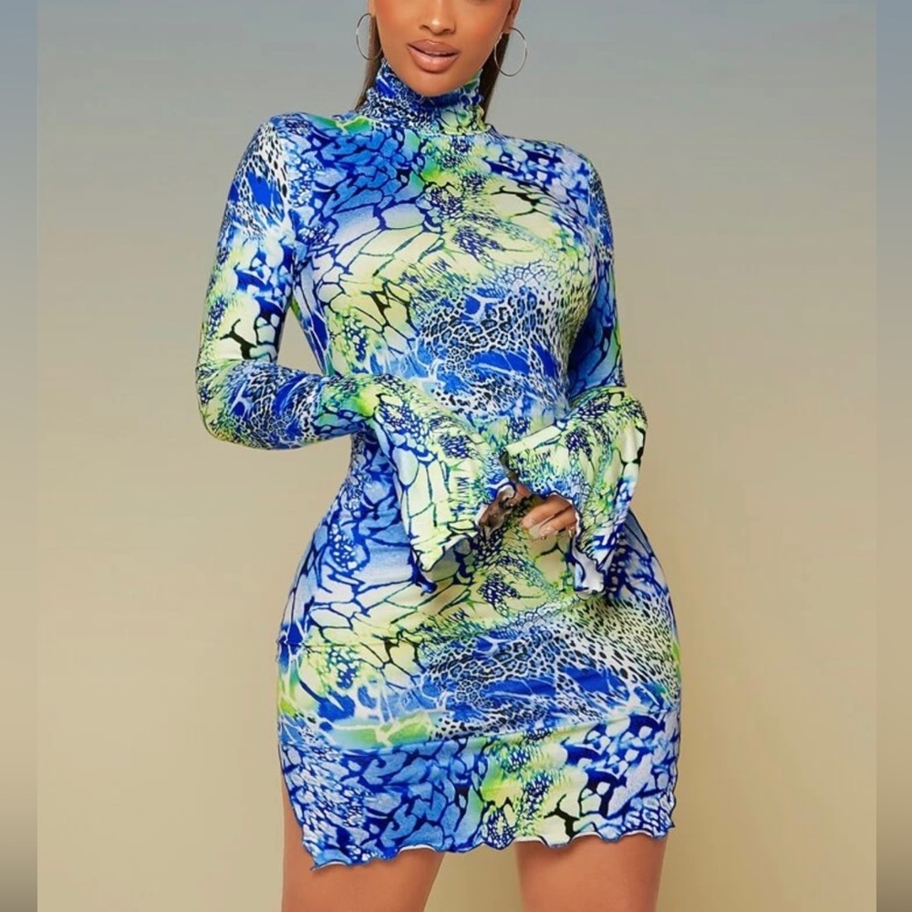 Mock Neck Lettuce Trim Leopard Print Dress